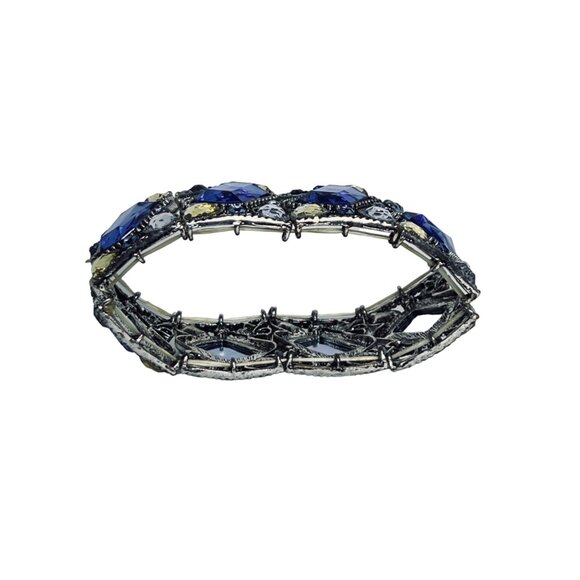Vintage Silver Tone With Blue, Clear And Yellow Rhinestones Stretch Bracelet (53 - Picture 5 of 8